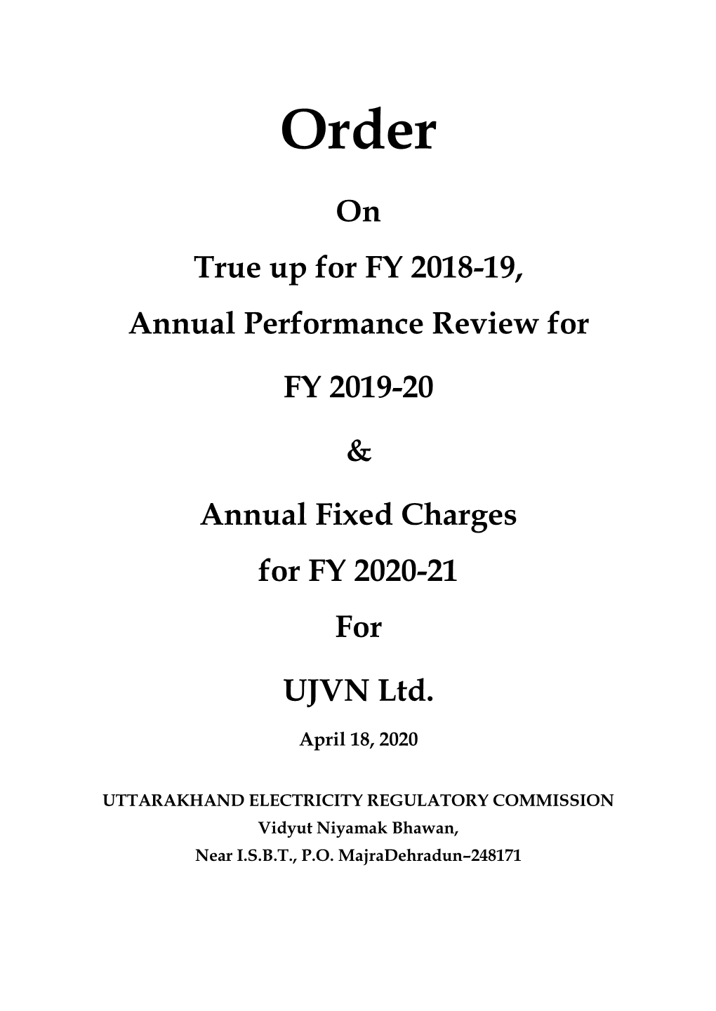 Order on Tariffs for FY 2020-21