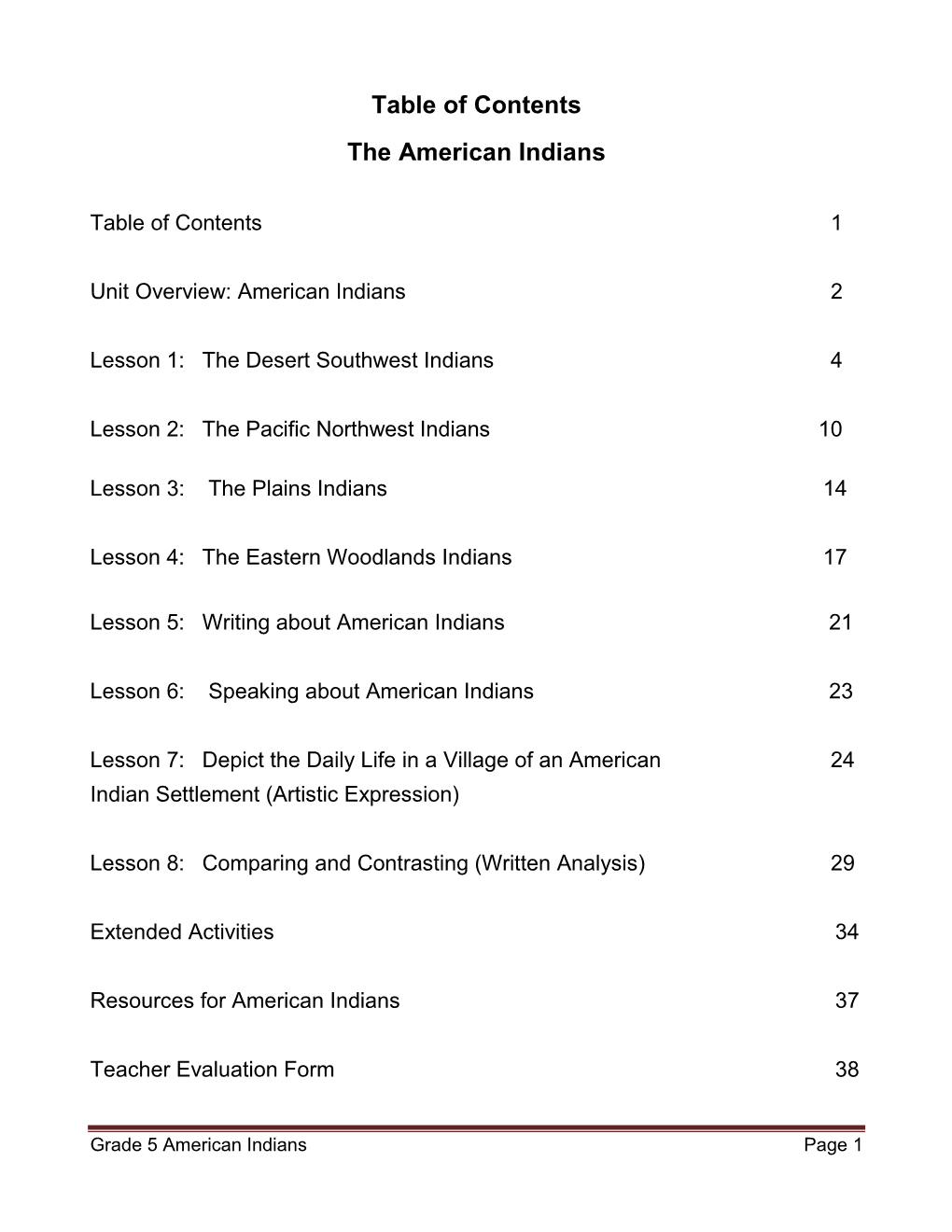 Table of Contents the American Indians