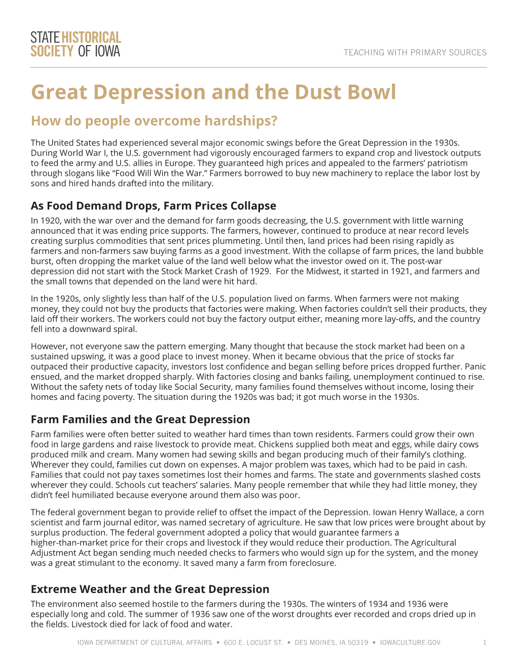 Great Depression and the Dust Bowl How Do People Overcome Hardships?
