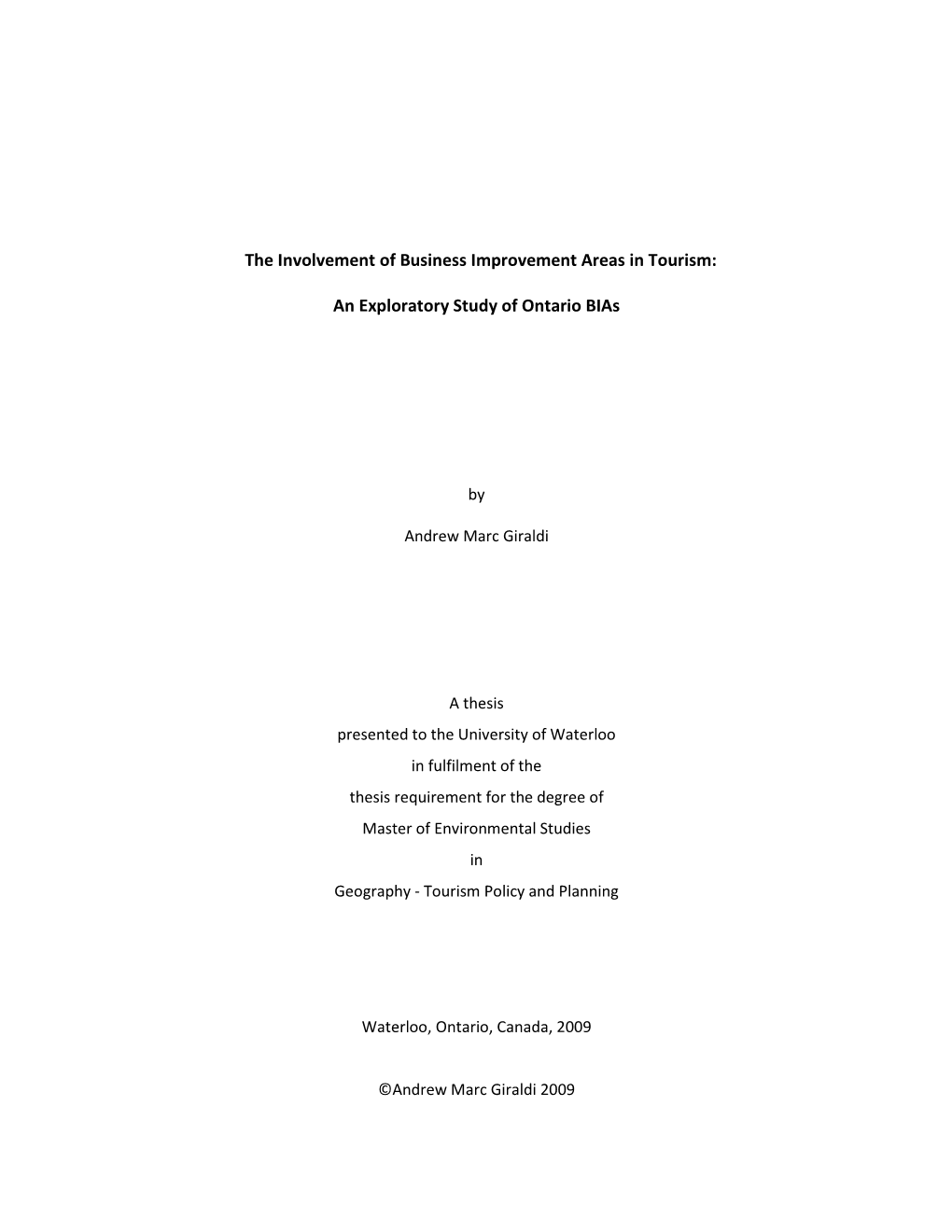 The Involvement of Business Improvement Areas in Tourism: An
