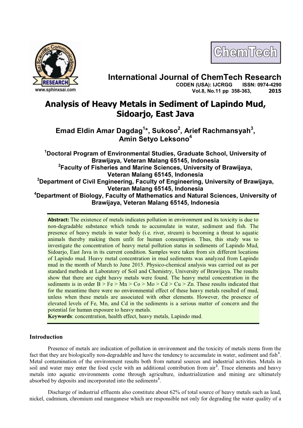 Analysis of Heavy Metals in Sediment of Lapindo Mud, Sidoarjo, East Java