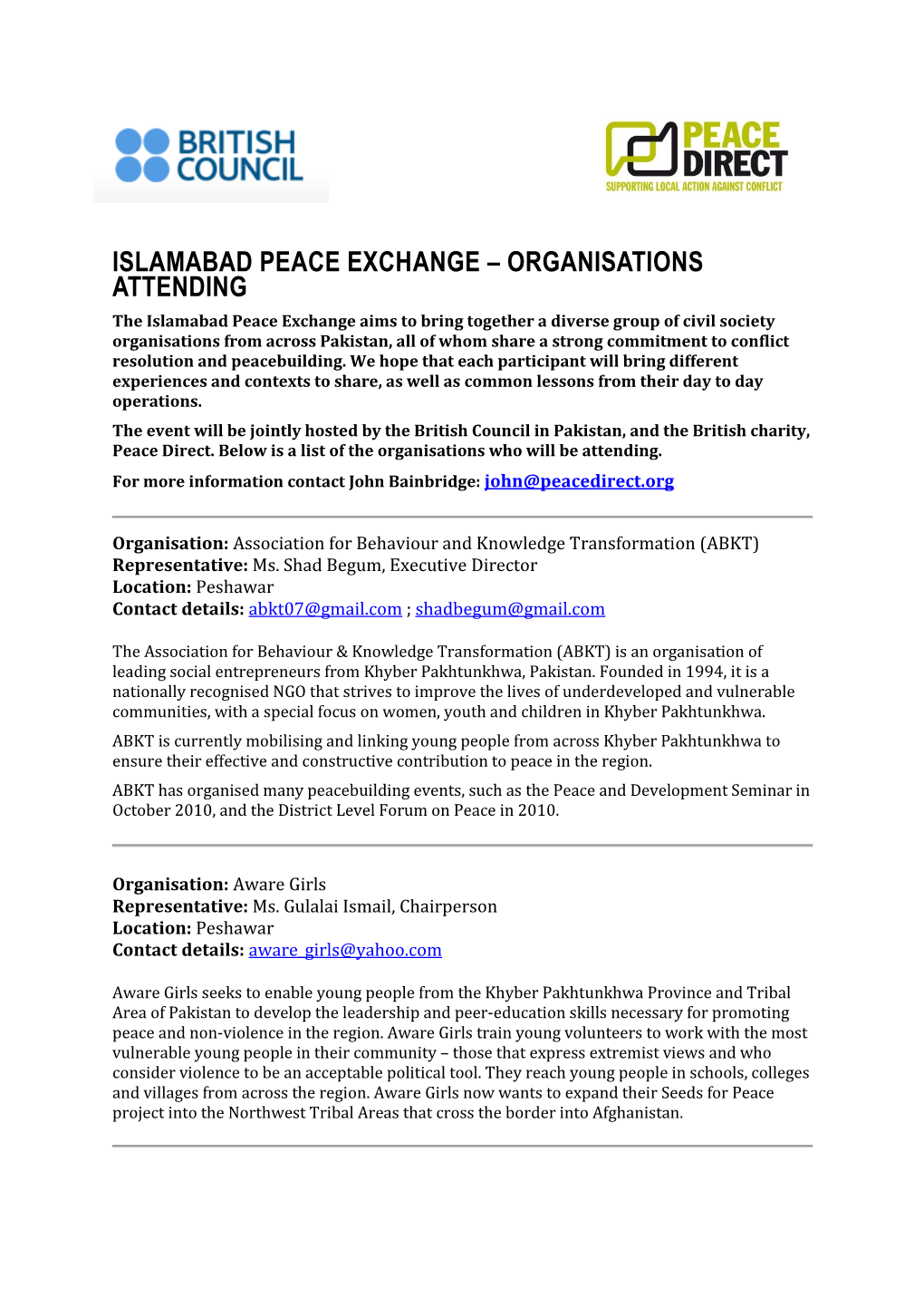 Islamabad Peace Exchange – Organisations Attending