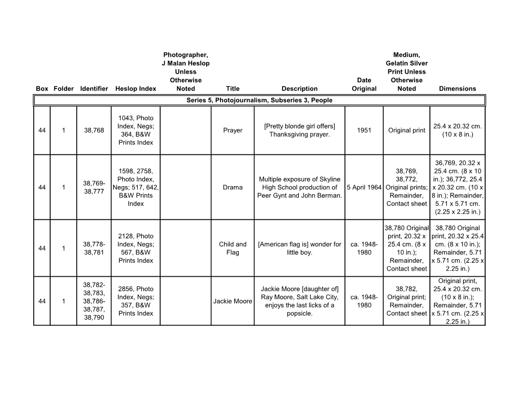 Box Folder Identifier Heslop Index Photographer, J Malan Heslop Unless Otherwise Noted Title Description Date Original Medium, G