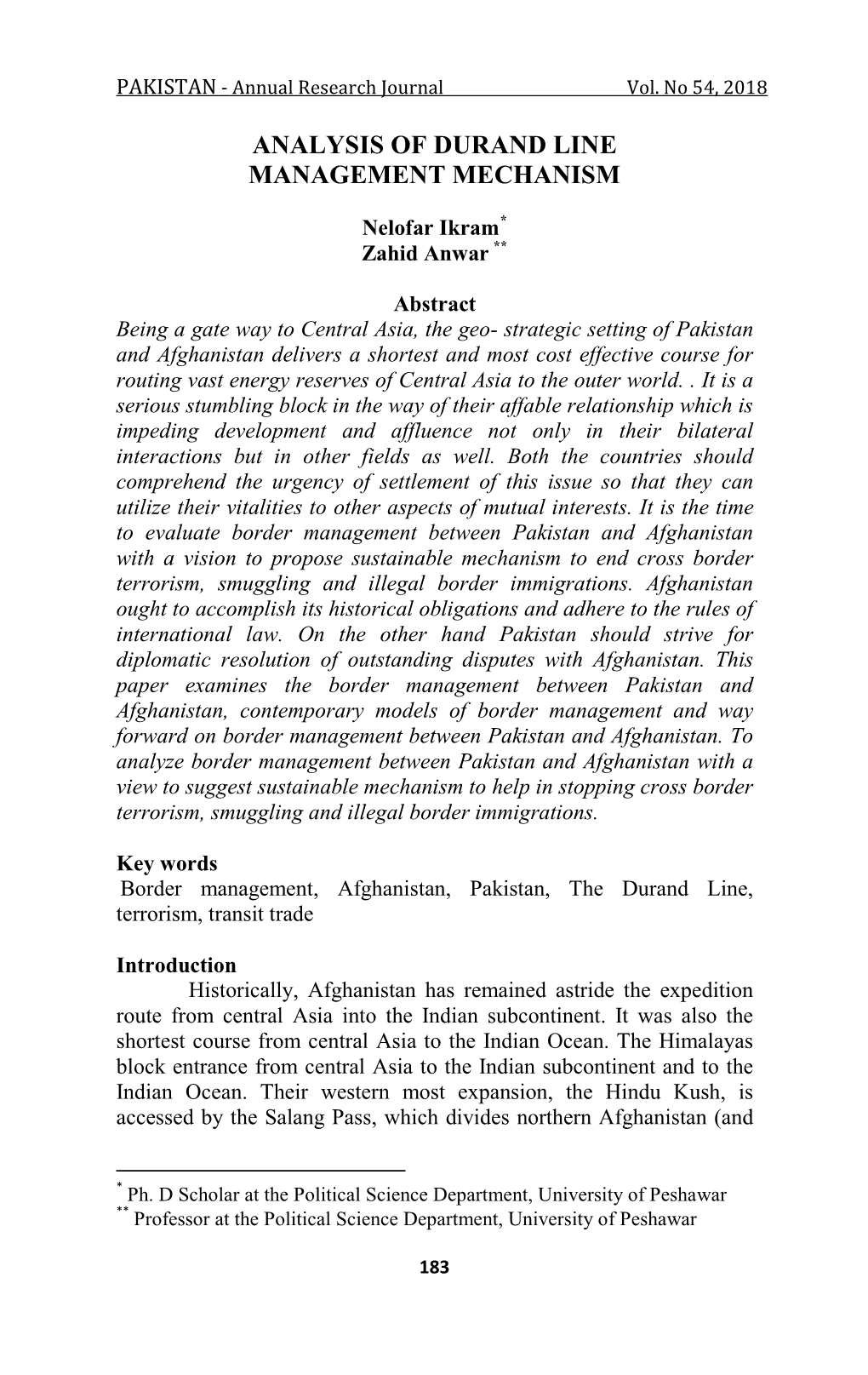 Analysis of Durand Line Management Mechanism