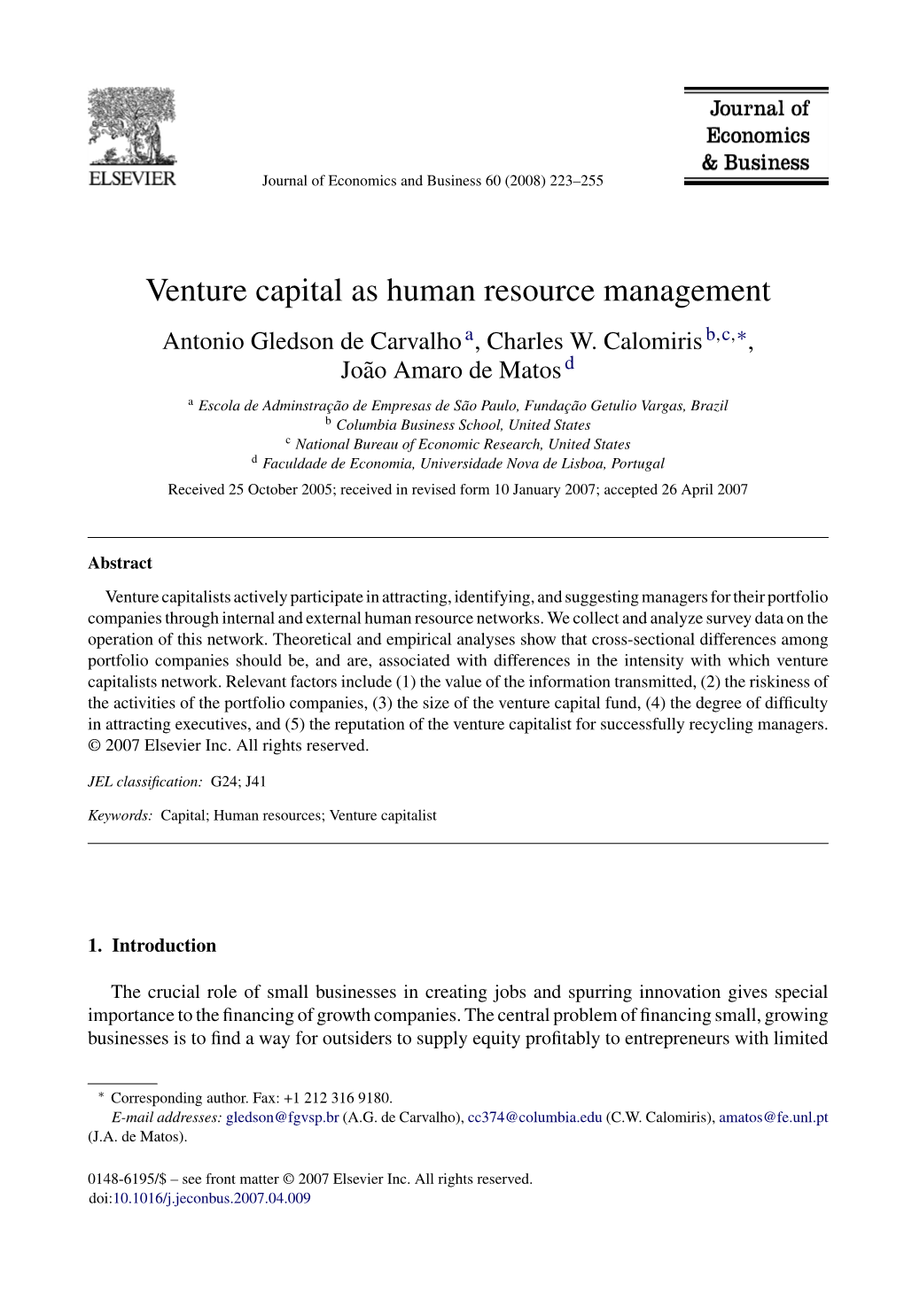 Venture Capital As Human Resource Management Antonio Gledson De Carvalho A, Charles W
