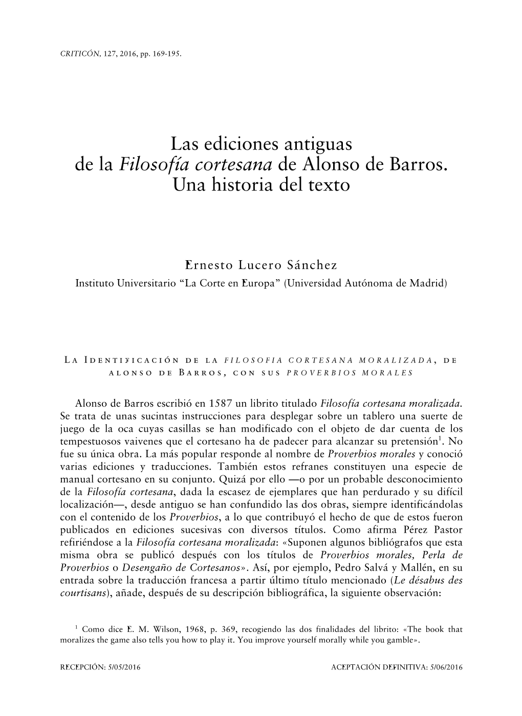 Las Ediciones Antiguas De La Filosofía Cortesana De Alonso De Barros. Una Historia Del Texto