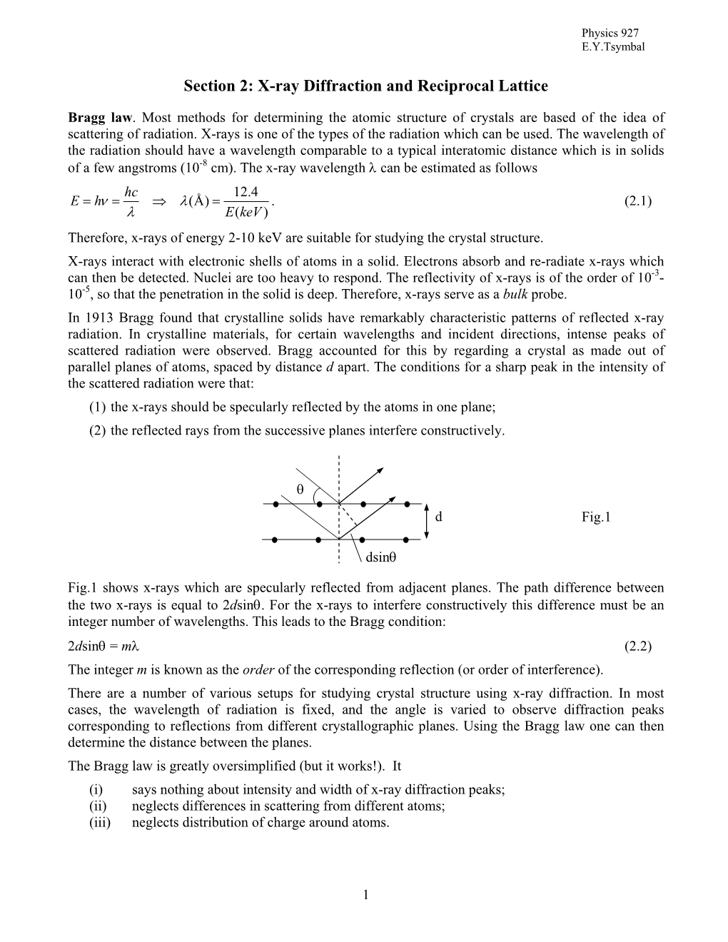 Section 2: X-Ray Diffraction and Reciprocal Lattice