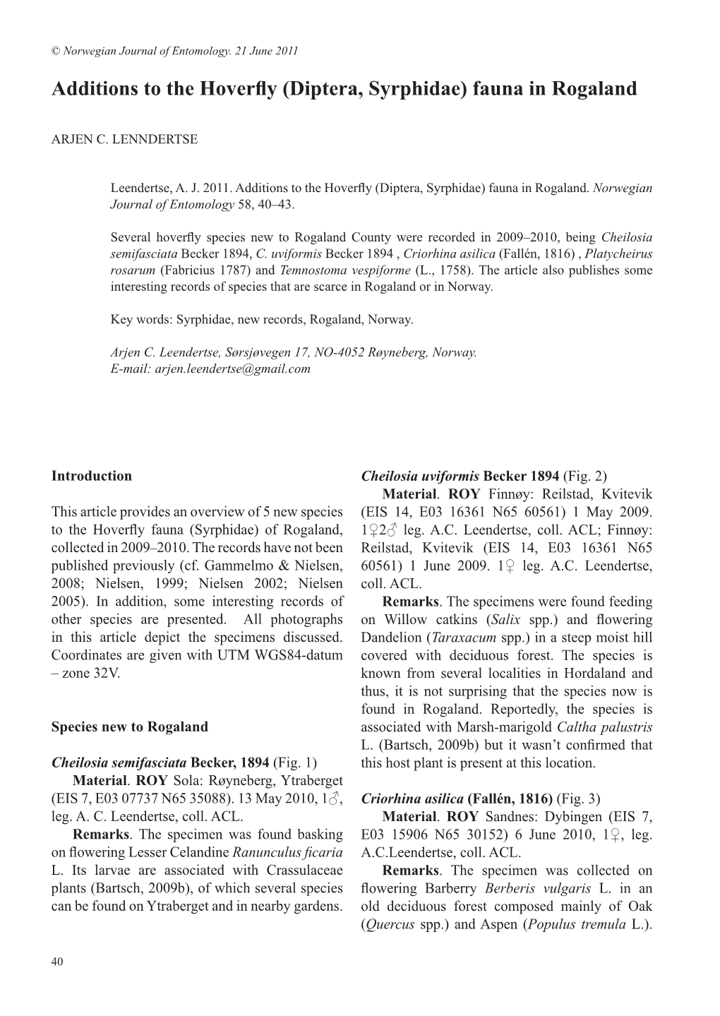 Additions to the Hoverfly (Diptera, Syrphidae) Fauna in Rogaland