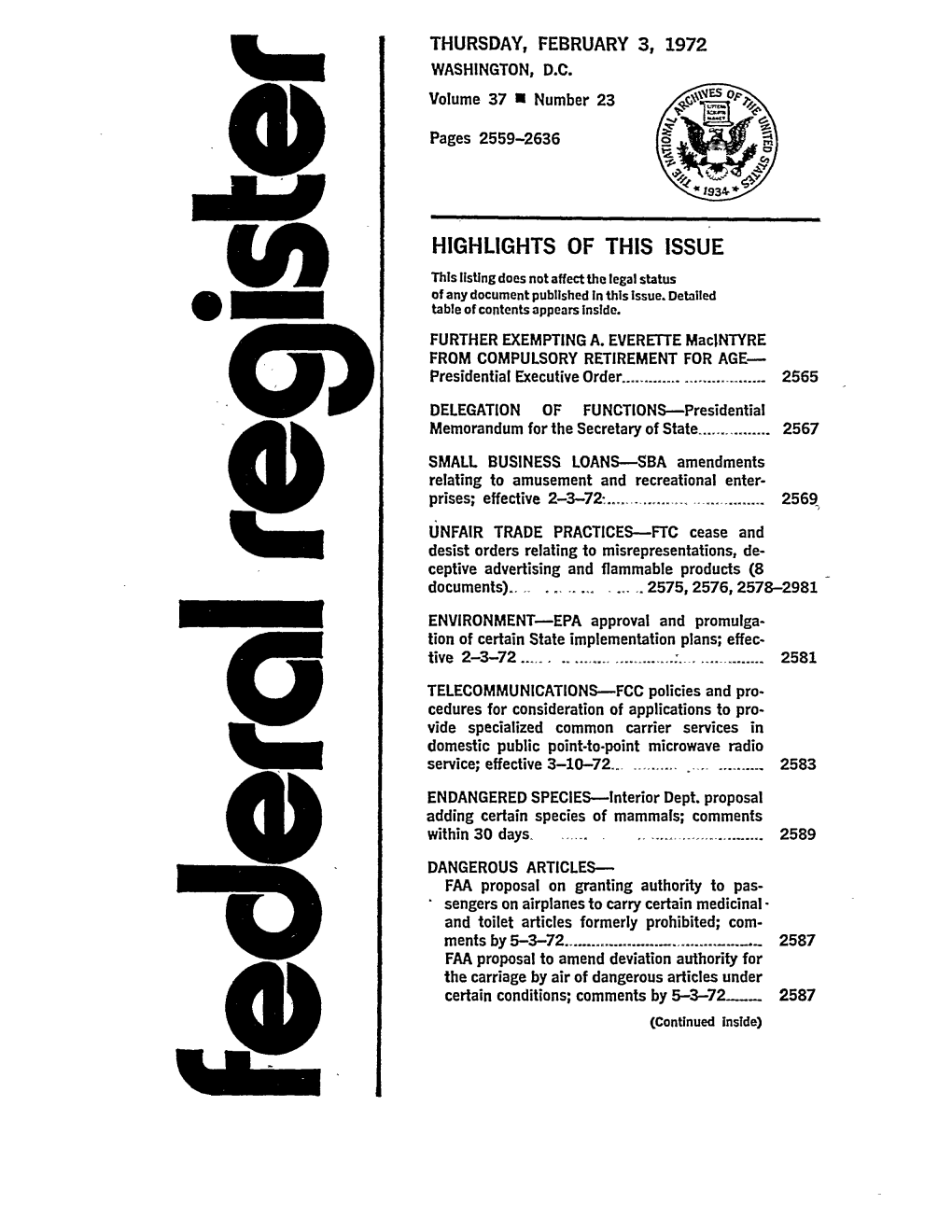 Federal Register: 37 Fed. Reg. 2559 (Feb. 3, 1972)