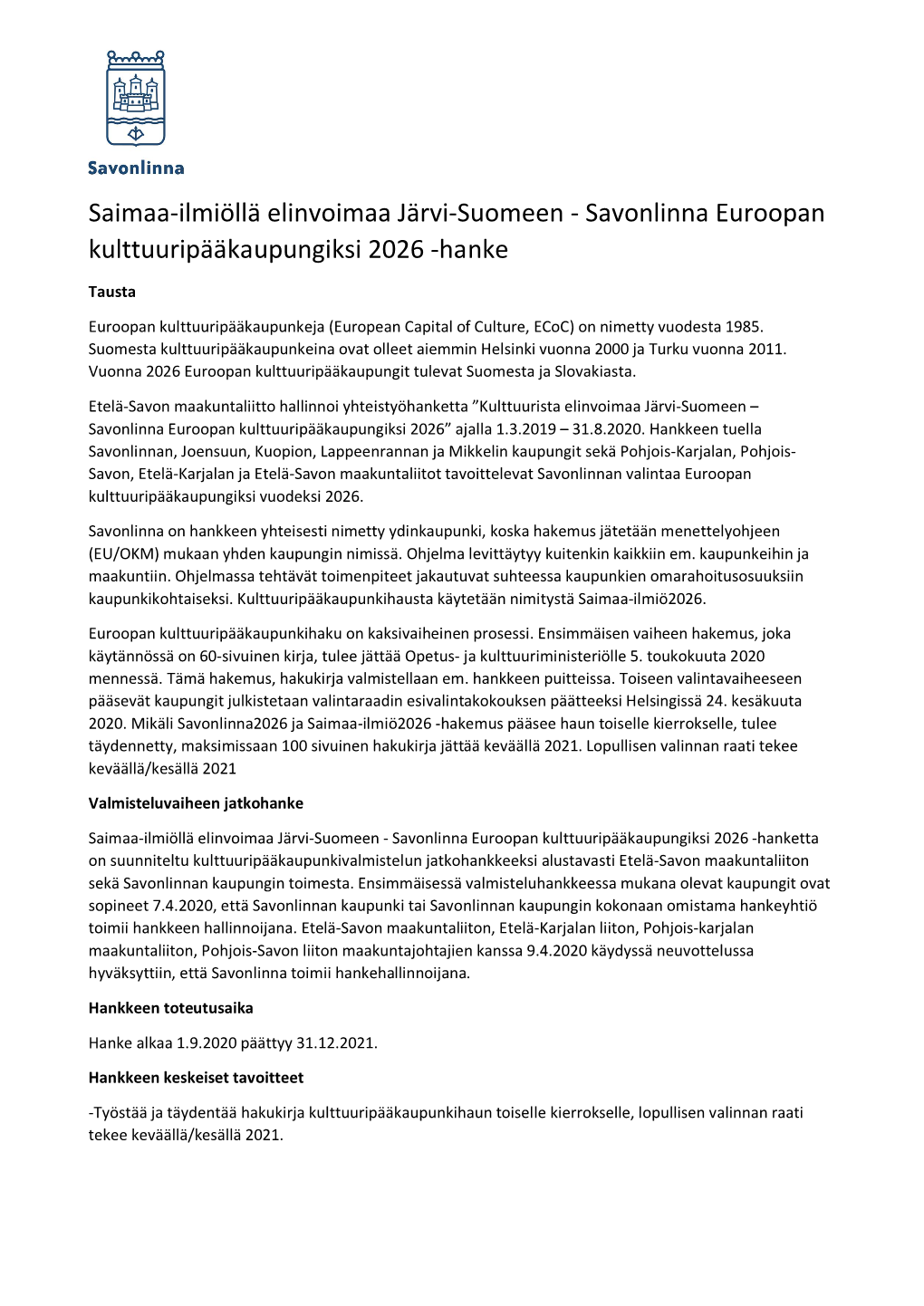 Savonlinna Euroopan Kulttuuripääkaupungiksi 2026 -Hanke