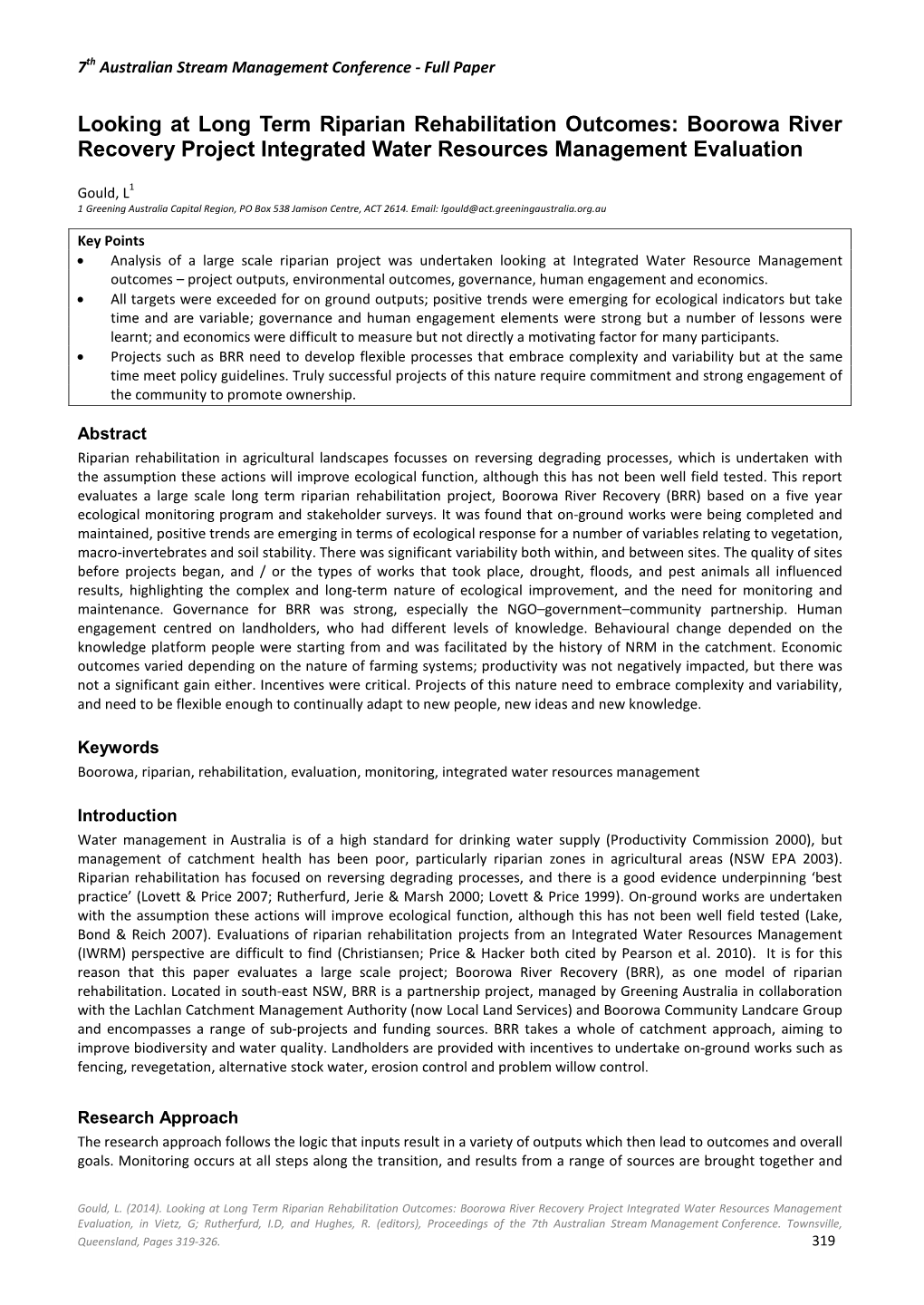 Boorowa River Recovery Project Integrated Water Resources Management Evaluation