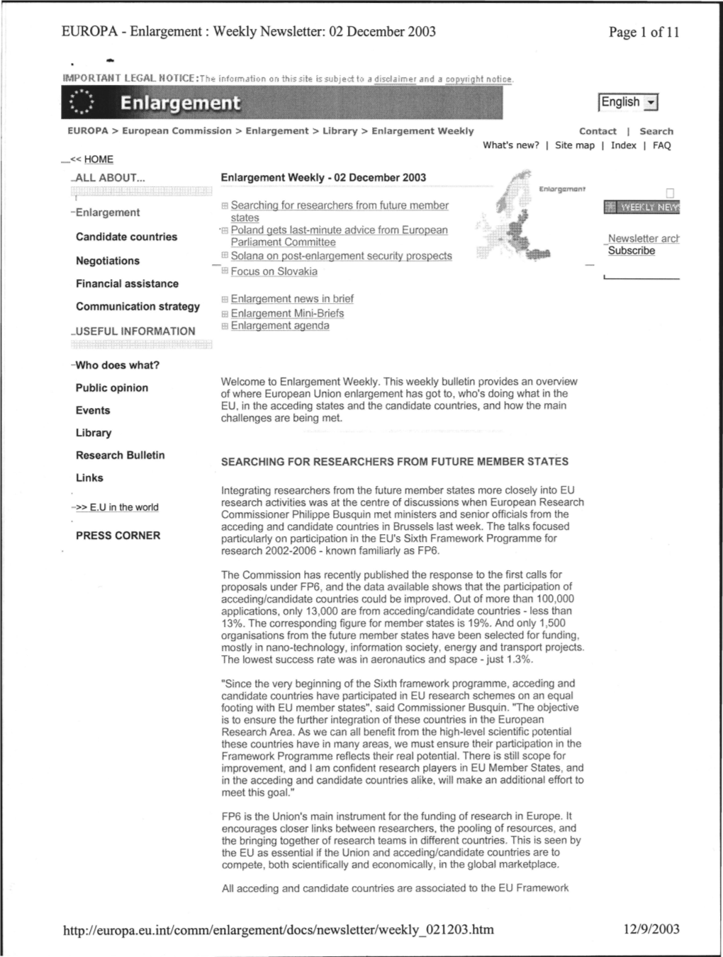 EUROPA - Enlargement : Weekly Newsletter: 02 December 2003 Page 1 of 11 - IMPORIAMT LEGAL Thhicf