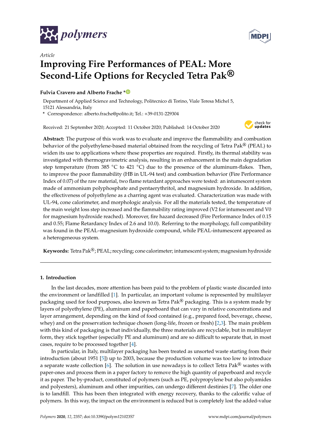 Improving Fire Performances of PEAL: More Second-Life Options for Recycled Tetra Pak®