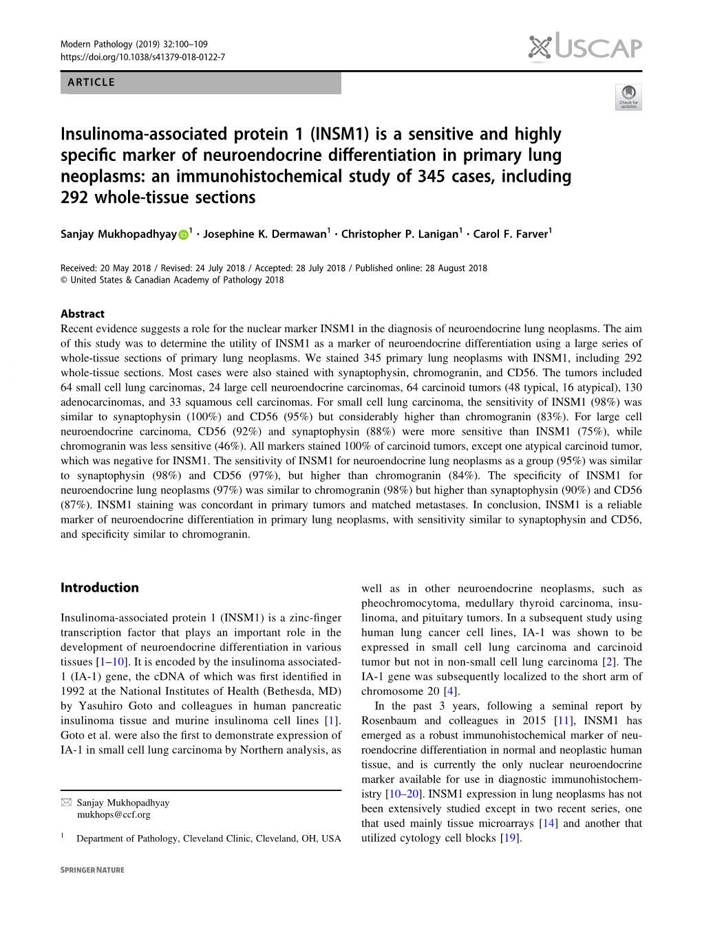 (INSM1) Is a Sensitive and Highly Specific Marker Of