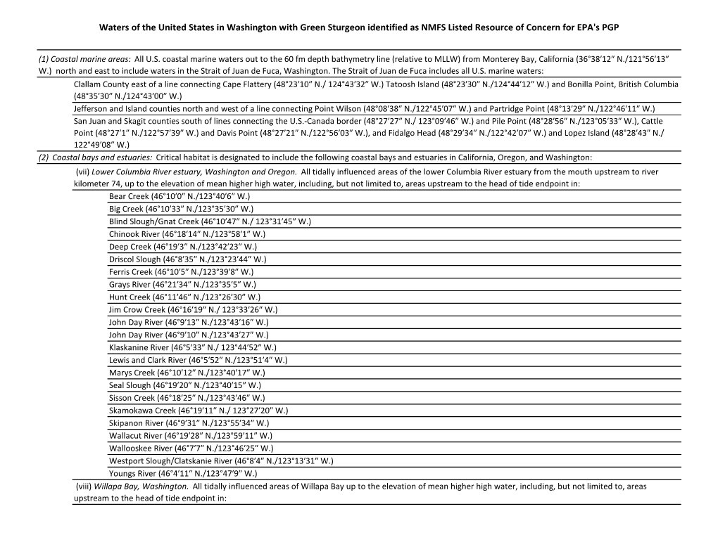 Waters of the United States in Washington with Green Sturgeon Identified As NMFS Listed Resource of Concern for EPA's PGP