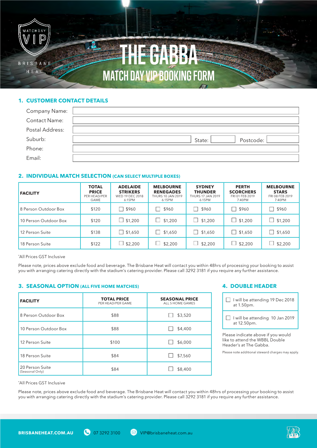 The Gabba Match Day Vip Booking Form