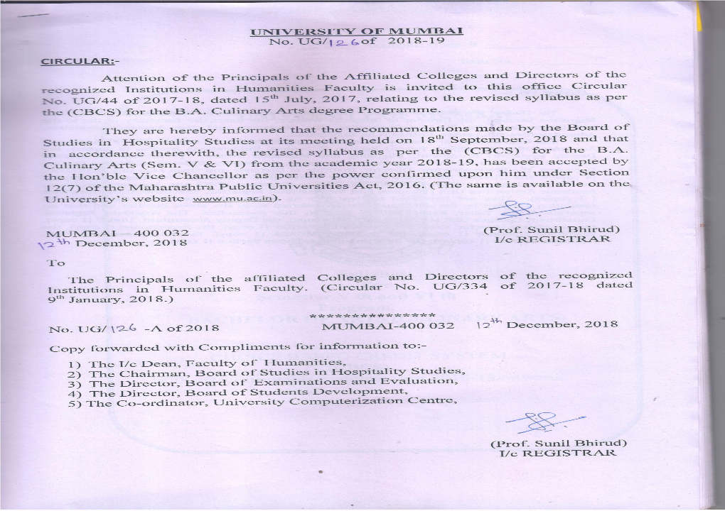 Revised Syllabus As Per CBCS for the B.A. in Culinary Arts