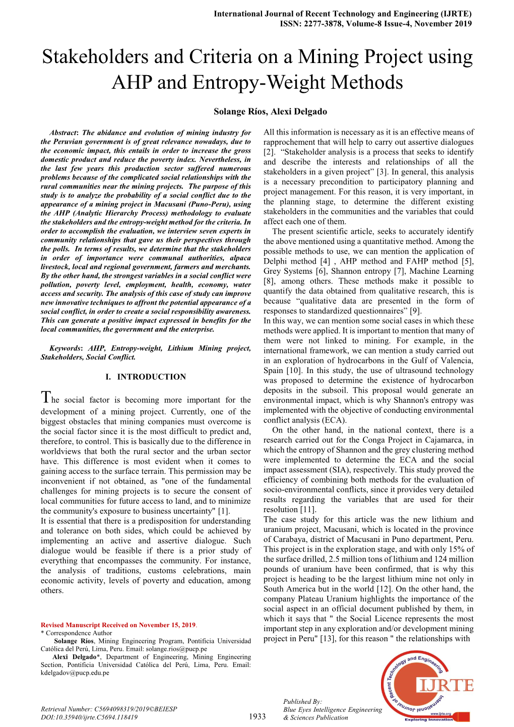 Stakeholders and Criteria on a Mining Project Using AHP and Entropy-Weight Methods