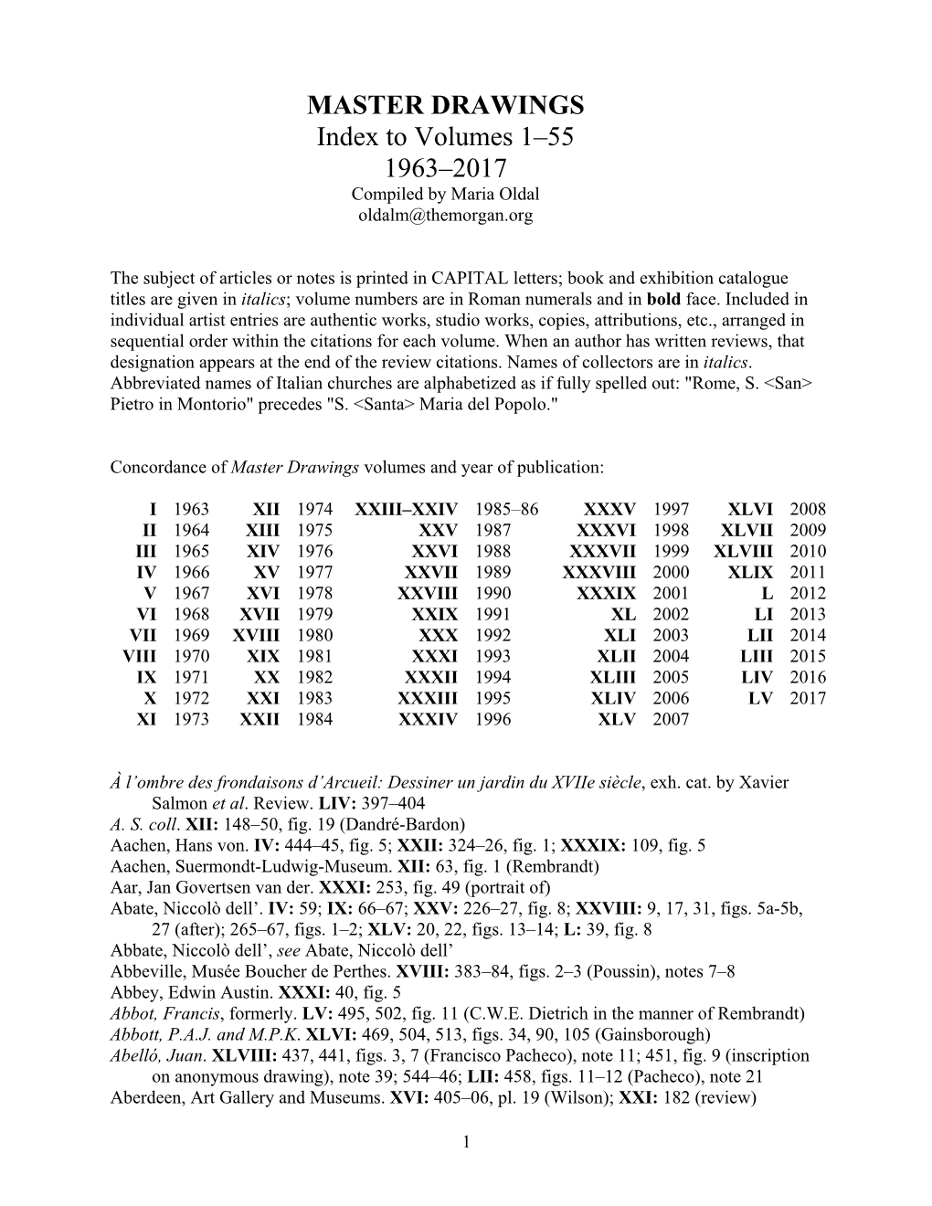 MASTER DRAWINGS Index to Volumes 1–55 1963–2017 Compiled by Maria Oldal Oldalm@Themorgan.Org