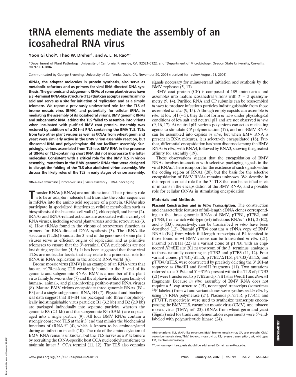 Trna Elements Mediate the Assembly of an Icosahedral RNA Virus