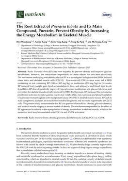 The Root Extract of Pueraria Lobata and Its Main Compound, Puerarin, Prevent Obesity by Increasing the Energy Metabolism in Skeletal Muscle