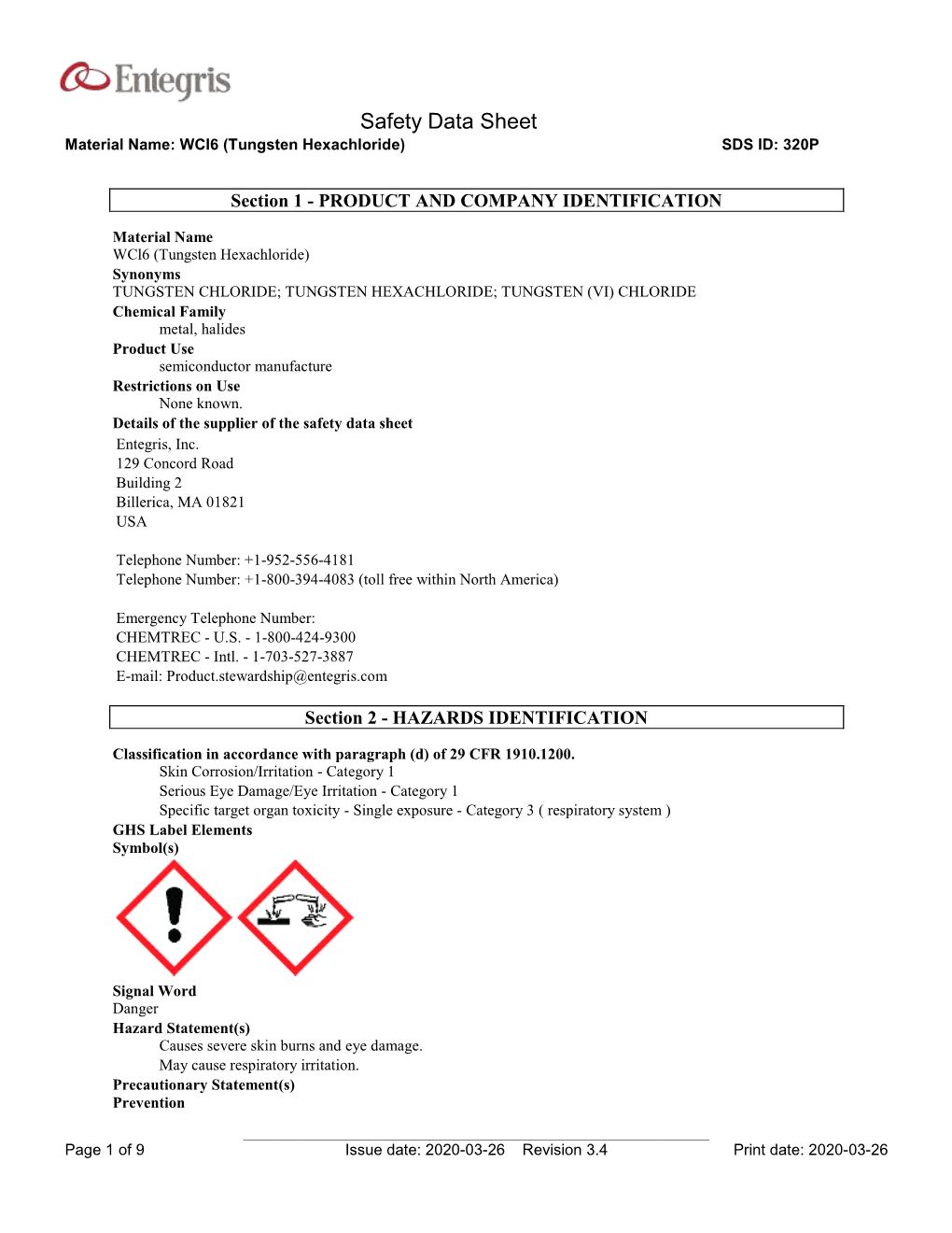 Safety Data Sheet Material Name: Wcl6 (Tungsten Hexachloride) SDS ID: 320P