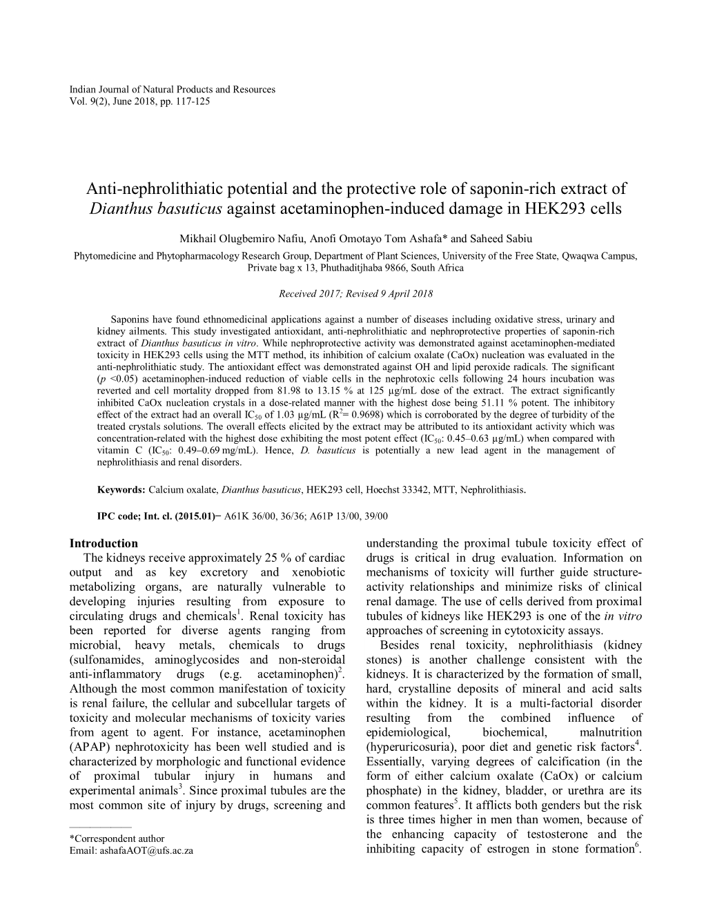 Anti-Nephrolithiatic Potential and the Protective Role of Saponin-Rich Extract of Dianthus Basuticus Against Acetaminophen-Induced Damage in HEK293 Cells