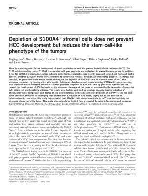 Depletion of S100A4+ Stromal Cells Does Not Prevent HCC Development but Reduces the Stem Cell-Like Phenotype of the Tumors