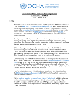 Achievements of Local and International Organizations in Response to COVID-19 As of 3 August 2020 OCHA • to Help the World'