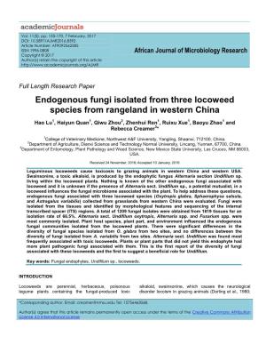 Endogenous Fungi Isolated from Three Locoweed Species from Rangeland in Western China