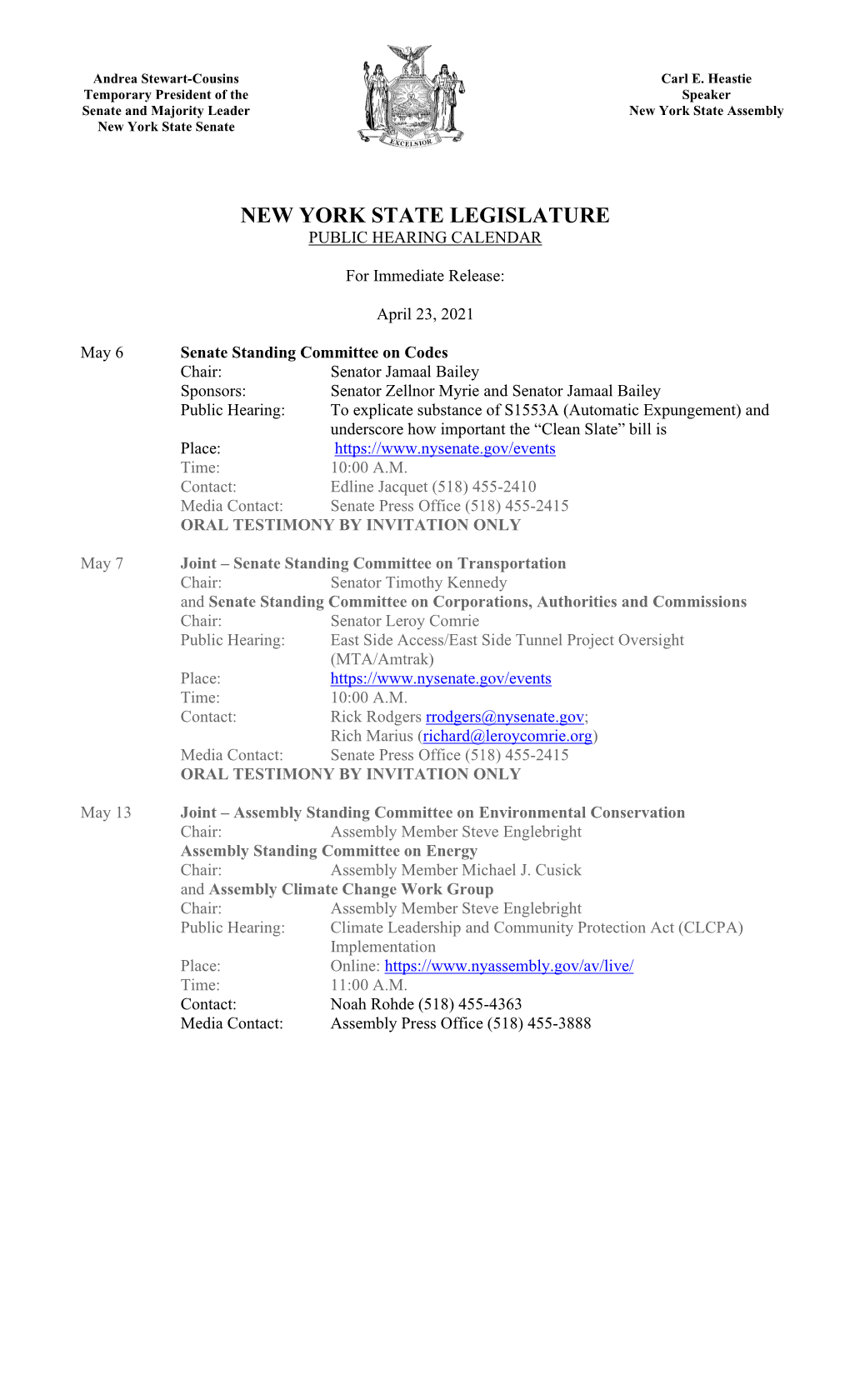 New York State Legislature Public Hearing Calendar