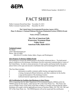 Fact Sheet for the Draft NPDES Perit for the City of American Falls in Idaho