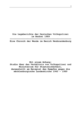 Lageberichte Der Deutschen Volkspolizei Im Herbst 1989 ------Eine Chronik Der Wende Im Bezirk Neubrandenburg