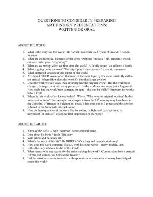 Questions to Consider in Preparing Art History Presentations: Written Or Oral