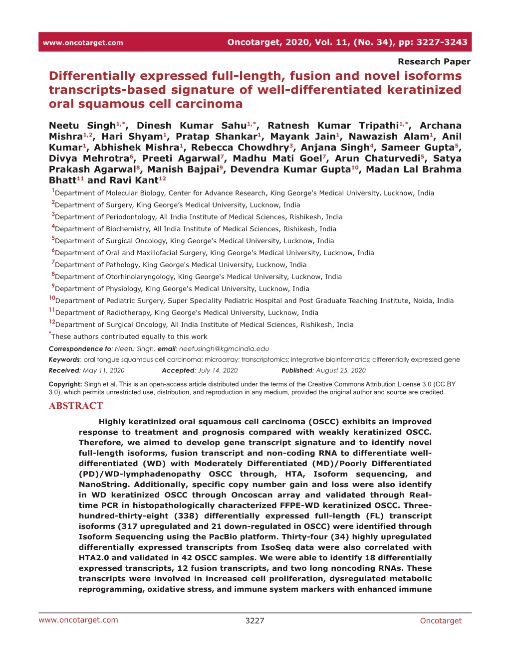 Differentially Expressed Full-Length, Fusion and Novel Isoforms Transcripts-Based Signature of Well-Differentiated Keratinized Oral Squamous Cell Carcinoma