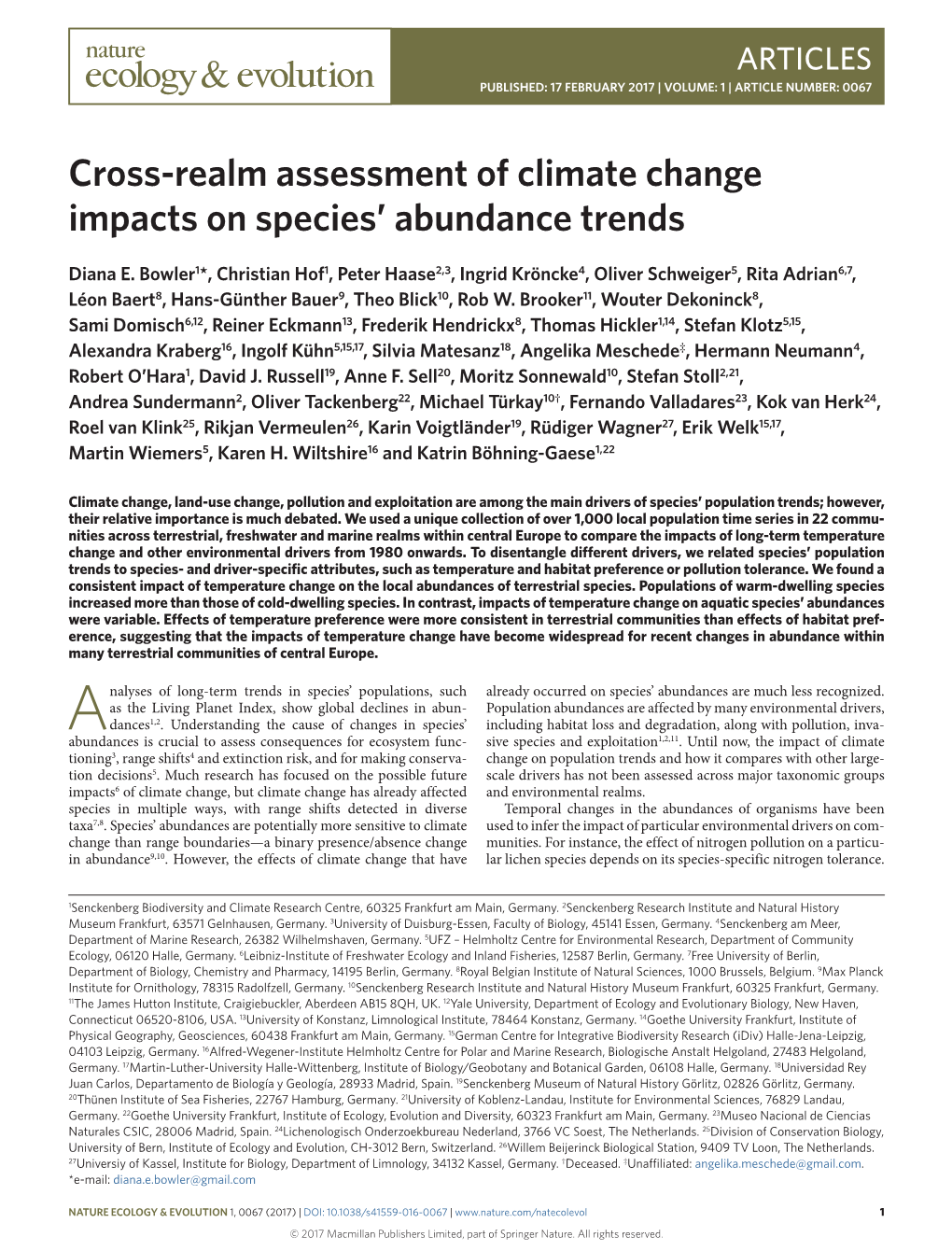 Cross-Realm Assessment of Climate Change Impacts on Species' Abundance Trends