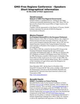 GMO-Free Regions Conference –Speakers Short Biographical Information in the Order of Their Appearance