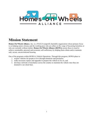 Mission Statement Homes on Wheels Alliance, Inc