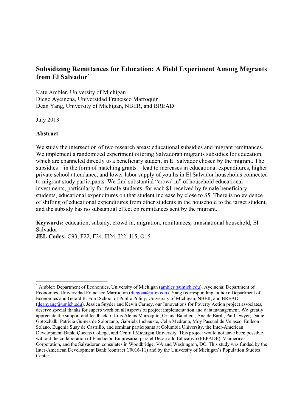 Subsidizing Remittances for Education: a Field Experiment Among Migrants from El Salvador*