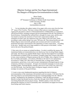 Dharmic Ecology and the Neo-Pagan International: the Dangers of Religious Environmentalism in India