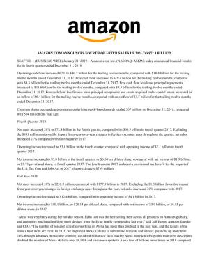 Amazon.Com Announces Fourth Quarter Sales up 20% to $72.4 Billion