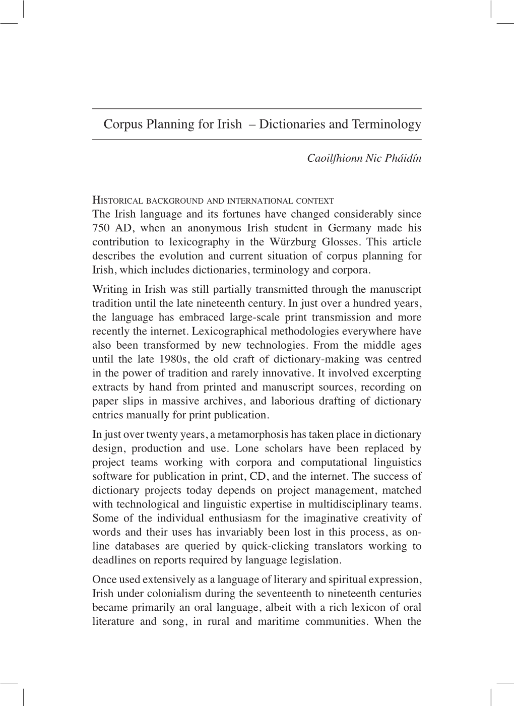 Corpus Planning for Irish – Dictionaries and Terminology