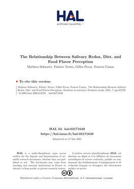 The Relationship Between Salivary Redox, Diet, and Food Flavor Perception Mathieu Schwartz, Fabrice Neiers, Gilles Feron, Francis Canon