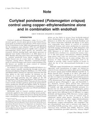 (Potamogeton Crispus) Control Using Copper–Ethylenediamine Alone and in Combination with Endothall