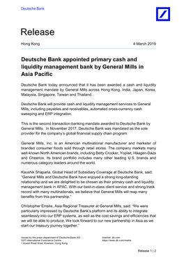 Deutsche Bank Appointed Primary Cash and Liquidity Management Bank by General Mills in Asia Pacific
