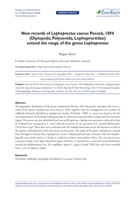 Diplopoda, Polyxenida, Lophoproctidae) Extend the Range of the Genus Lophoproctus