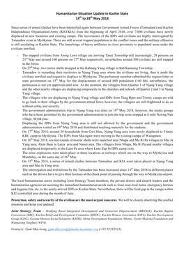 Humanitarian Situation Update in Kachin State 14Th to 28Th May 2018