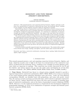 Homotopy and Type Theory (Project Description) 1