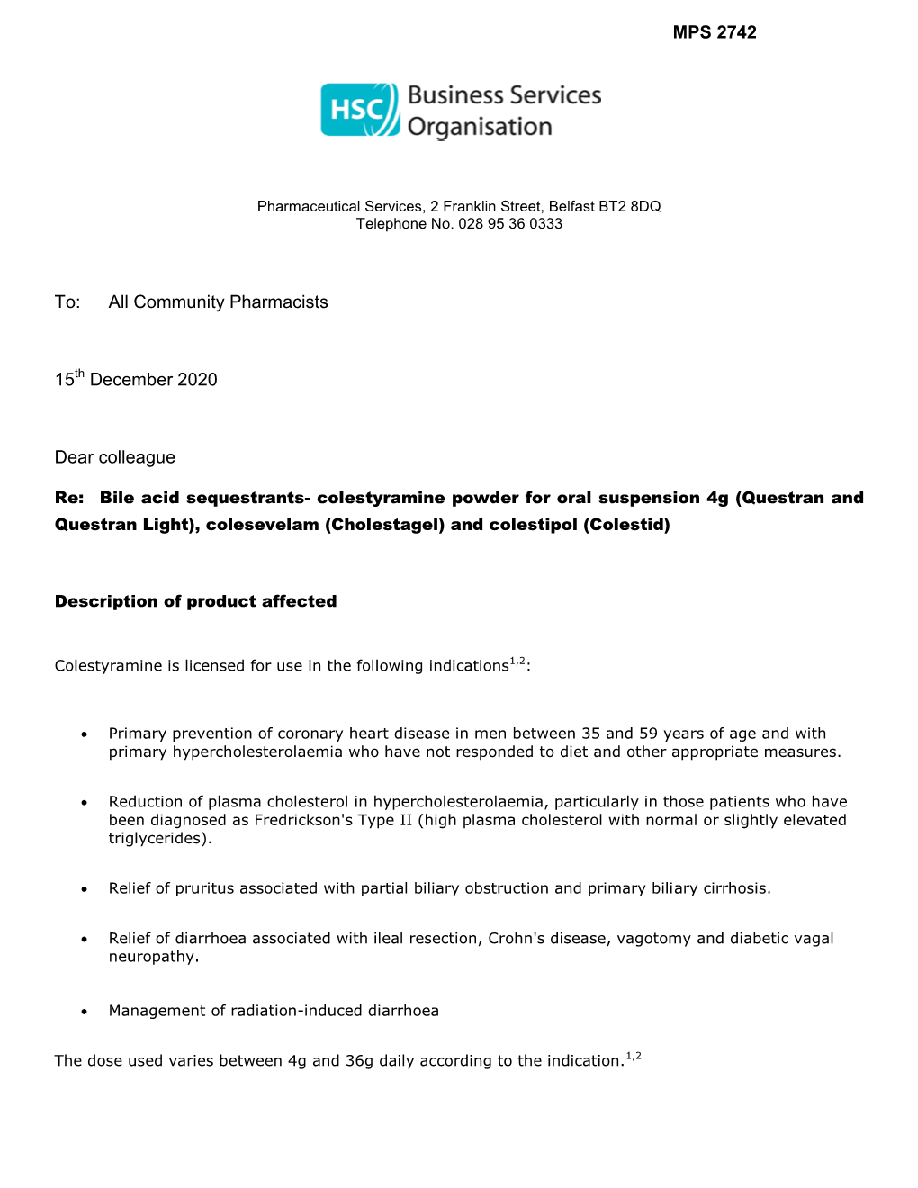 MPS 2742 To: All Community Pharmacists 15 December 2020 Dear Colleague