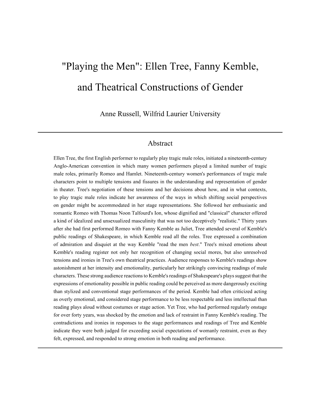 Ellen Tree, Fanny Kemble, and Theatrical Constructions of Gender